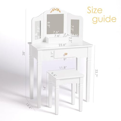 Spirich Kids Vanity Set with Mirror and Stool, Kids Make Up Vanity Desk for Little Girls, Children Makeup Dressing Table with Drawer - size: Golden bow