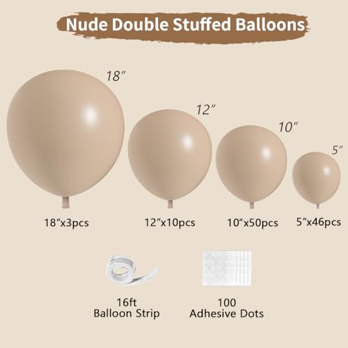 Nude Beige Double Stuffed Balloons Different Size 115Pcs 5/10/12/18" Tan Apricot Nude Balloon Arch Garland kit for Boho Birthday Baby Shower Bridal Shower Gender Reveal Bear Neutral Party - color: Tan
