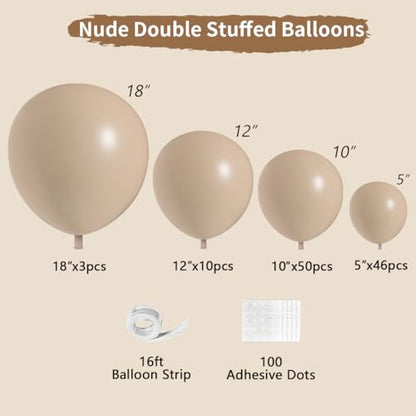 Nude Beige Double Stuffed Balloons Different Size 115Pcs 5/10/12/18" Tan Apricot Nude Balloon Arch Garland kit for Boho Birthday Baby Shower Bridal Shower Gender Reveal Bear Neutral Party - color: Tan