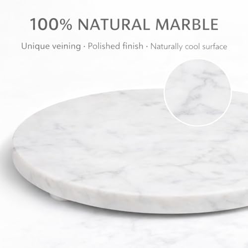 11-Inch Round Marble Cheese Board – Solid White Natural Stone Cutting Board & Charcuterie Serving Tray with Non-Slip Feet, 0.5” Thick, Easy to Clean. - color: White, size: 11"L x 11"W