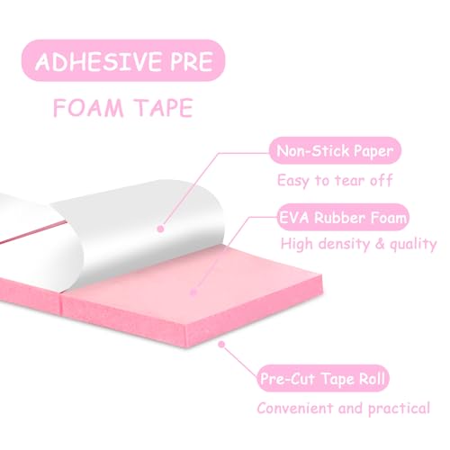 Double Sided Foam Tape Pre Cut 3/4 X 1/2 Inch EVA Foam Adhesive Squares Roll with Acrylic Storage Box 3D Foam Squares for Crafts Arts Sewing DIY Office Supplies (Tape+Box, Pink) - color: Pink, style: Tape+Box