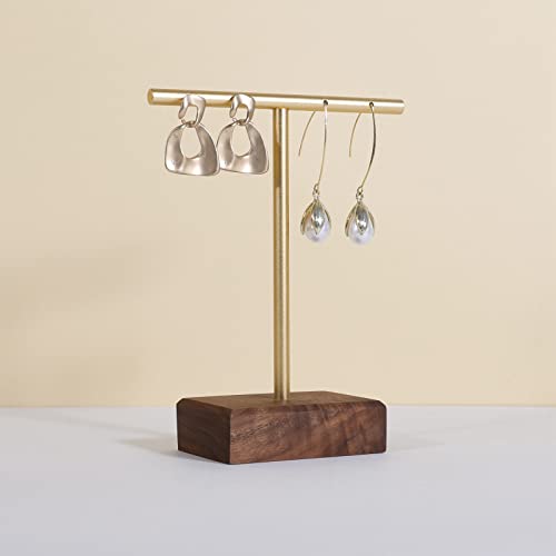 earrings T display stands for selling, small earring holder jewelry stand with 4 holes on bar, wood earring hanger for boutique display【Walnut】