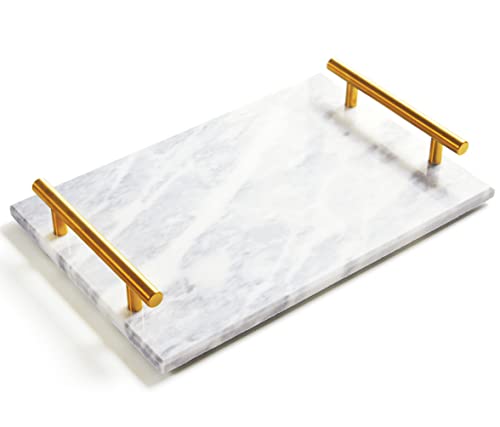 Genuine Marble Tray Bathroom Tray with Golden Handle, Natural Stone Decorative Tray with Metal Handle for Bathroom Kitchen Vanity Dresser Nightstand Desk, 11.8" x 7.9" Gray Color - color: Gray