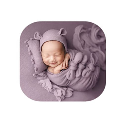 Newborn Baby Boy Girl Photography Props Bow Wrap, Posing Aid, Hat and Blanket Set of 4 Pcs - color: Dark Purple