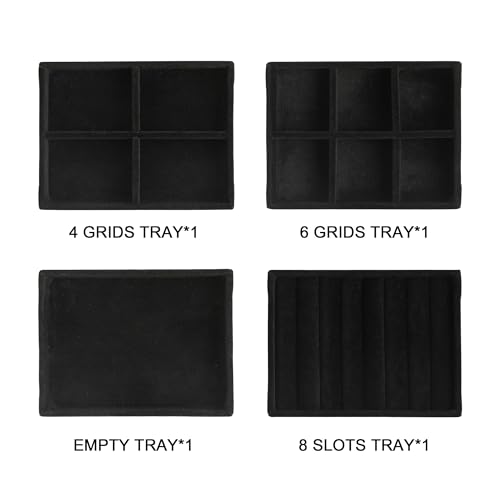 Frebeauty Small Jewelry Tray Set,Stackable Velvet Jewelry Organizer Tray,Mini Jewelry Drawer Organizer,Drawer Inserts,4.92 x 3.74 x 0.9 Inches,Earring Organizer for Women(Set 4,Black) - color: Black, size: Set 4
