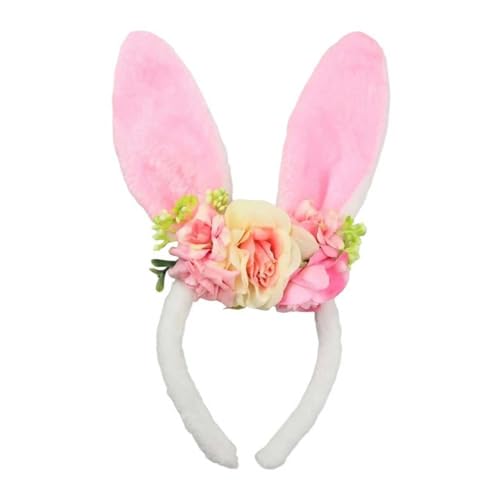 Bubbmi Easter Bunny Ear Headband with Flowers Crown Hairbands Festival Costume Hair Accessories for Women - color: Pinkear1