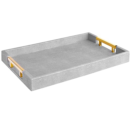 Home Redefined Modern Elegant 17.5"x12" Rectangle Glossy Grey Shagreen Faux Leather Decorative Tray Ottoman Coffee Table Perfume Kitchen Display Perfume Serving Tray with Gold Polished Metal Handles. - color: Grey/Gold