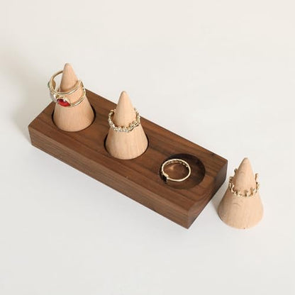 Wooden ring organizer holder for jewelry, Stable ring display stand for boutique store, walnut base with white ring cones for jewelry selling【Ring holder-Cone 3】 - style: Three Cone