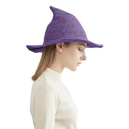 Halloween Witch Hat for Women Wide Brim Foldable Wizard Hat Wool Knit Pointed Cap Cosplay Costume Accessory - color: Purple
