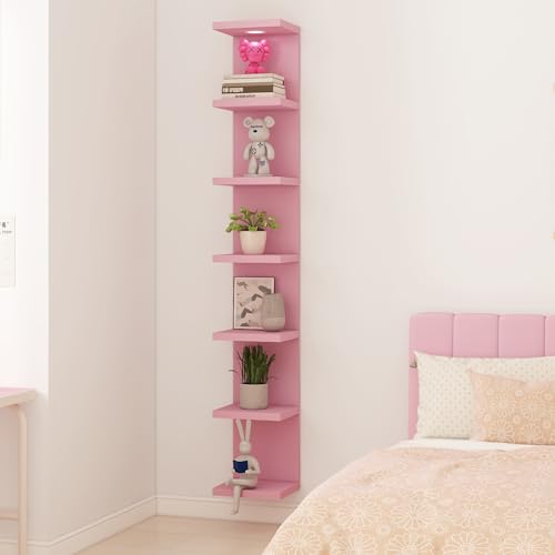 LitaEther Versatile 7 Tier Wall Shelf Unit,Pink Lack Wall Shelf,Display Floating Shelf with LED Remote Control Light - color: Pink, size: 7 Tier
