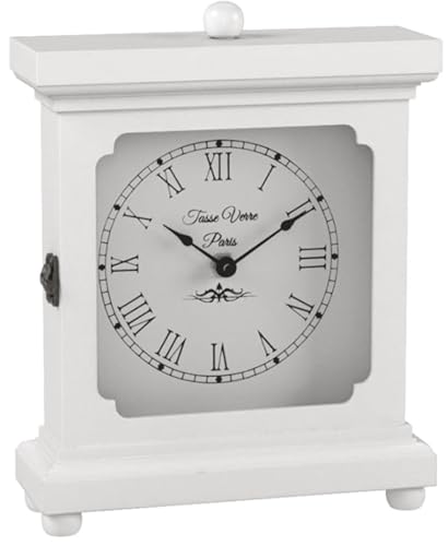 Tasse Verre White Clock for Shelf Table Or Desk 9"x7" - Farmhouse Decor Wood Mechanical Quiet Silent - Office, Bedroom Fireplace Mantel Living Family Room. AA Battery Operated Non-Digital - color: White