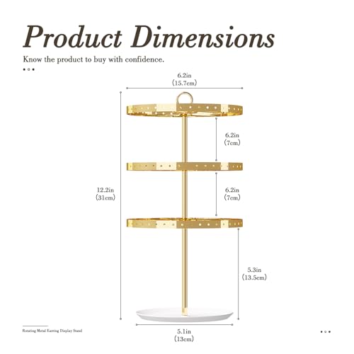 3 Tiers Earring Holder Organizer, Metal Rotating Earring Stand Adjustable Display Tree, 126 Holes Carousel Rack for Stud Hoop Pierced Dangling Women, Perfect View for All Earrings (Gold) - color: Gold