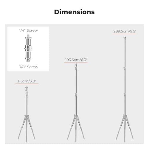 K&F CONCEPT 9.2ft/2.8m Stainless Steel Light Stand, Spring Cushioned Heavy Duty Photography Tripod Stand with 1/4” to 3/8” Universal Screw Adapter for Strobe,LED Video Light,Ring Light,Softbox
