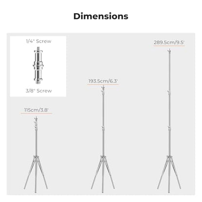 K&F CONCEPT 9.2ft/2.8m Stainless Steel Light Stand, Spring Cushioned Heavy Duty Photography Tripod Stand with 1/4” to 3/8” Universal Screw Adapter for Strobe,LED Video Light,Ring Light,Softbox