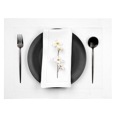 D'Moksha Homes White Linen Placemats Set of 4 - Classic Hemstitch Placemats 14 x 19 Inch - 100% Pure Linen Table Mats for Spring - Handcrafted and Machine Washable - color: 09 - White