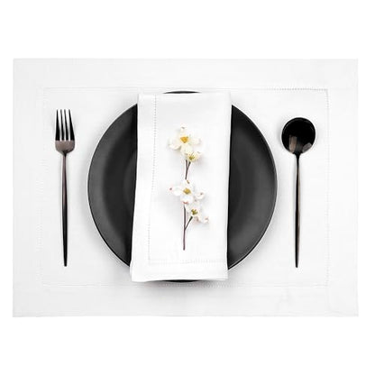 D'Moksha Homes White Linen Placemats Set of 4 - Classic Hemstitch Placemats 14 x 19 Inch - 100% Pure Linen Table Mats for Spring - Handcrafted and Machine Washable - color: 09 - White