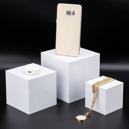 Clisela 3pcs Acrylic Cube Display Stands Box Risers with Hollow Bottoms, Food Risers for Buffet Table, Decorative Display Stand Shelf for Dessert Collectibles Jewelry Figures Show - White 3" 4" 5" - size: (3,4,5)"- White