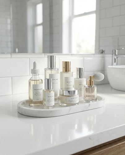 OOBOOB Oval Natural Marble Bathroom Tray for Decor Countertop, Marble Vanity Tray for Candles Perfume, Jewelry, Cosmetics, Elegant Vanity Organizer for Jewelry, Perfume (Star White, 9.84*4.72*0.7) - color: Star White, size: 9.84*4.72*0.7