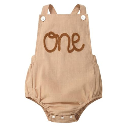 IMEKIS Baby Girls Boys Boho 1st Birthday Outfit Backless Overalls Romper for Cake Smash Photo Shoot - color: Khaki + Brown One, size: 12-18 Months