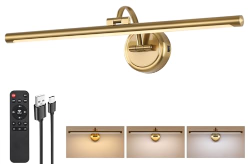 Picture Light for Wall, Dimmable Battery Operated Art Light, Picture Frame Light with Remote & Timer, Cordless Wall Sconce with 3 Colors Temperature for Pantings, Photo Gallery(Brass, 23.6inch) - color: Brass, size: 23.6inch