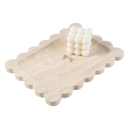 Koville Scalloped Marble Tray, 11"x8" Natural Marble Vanity Tray for Countertop Bathroom Kitchen Dresser, Natural Stone Tray for Jewelry Perfume Home Decor, Decorative Catchall Trays - color: Travertine, size: 11" x 7.9" x 0.7"