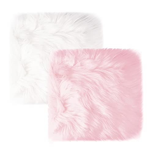 2Pack 12’’ Small Faux Fur Cushion Fluffy Plush Area Rug, Small Product Photo Background & Luxury Photo Props, Great for Tabletop Photography, Jewelry, Nail Art, Home Decor (Square, White + Pink) - color: Square, White + Pink