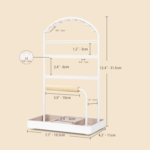 Saydear Multi-Functional Jewelry Holder Organizer Necklace Display Stand Velvet Lined Bar for Rings 2 Tier with 18 Hooks, 32 Earring Holes - Sturdy and Durable, Easy Organization White - color: White V1.0