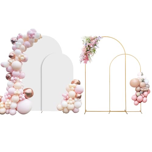 SuuWoee Arch Backdrop Stand Set of 2 With Cover (7.2FT+6FT) Gold Metal Wedding Arch Balloon Stand With Cover for Birthday Party Baby Shower Graduation Ceremony Decoration - color: White, size: 7.2Ft+6ft（White Cover）