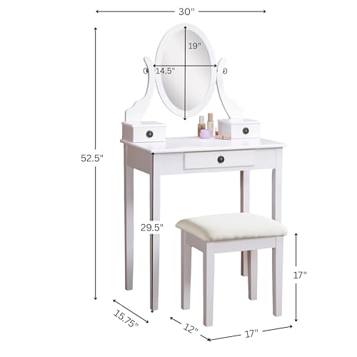 Roundhill Furniture Moniya White Wood Vanity Table and Stool Set (3415WH) Medium - color: White