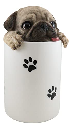 Ebros Gift Ceramic Hungry Pug Dog With Tongue Out Hiding and Peeking Dry Storage Jar With Paw Prints 6" Tall Decorative Earthenware Accessory Figurine As Decor of Pets Dogs Pugs