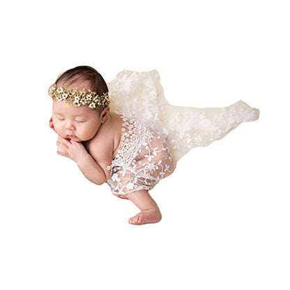 Luxury Newborn Boy Girl Baby Photography Props Wrap Lace Yarn Cloth Blanket (White) - color: White