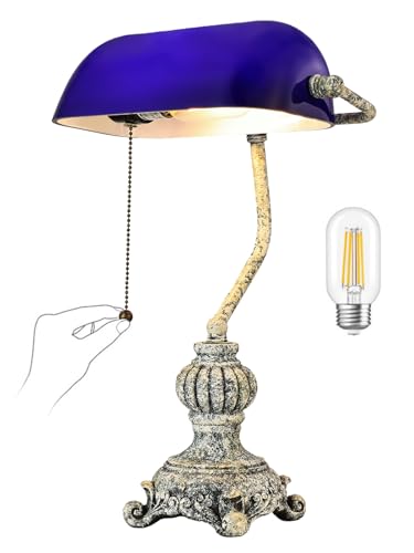 Retro Blue Glass Bankers Desk Lamp for Home Office,Library with Pull Chain Switch Plug in Fixture, LED Bulb Included - color: Antique +Blue