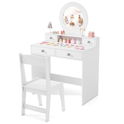 Costzon Kids Vanity, Princess Makeup Dressing Desk with Mirror and Stool, 4 Storage Drawers, Pretend Play Vanity Table and Chair Set for Little Girls (White) - style: White with Round Mirror