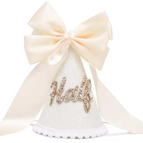 Boho Beige Bow Half Birthday hat-1/2 Birthday Decorations,Glitter Number Cone Hat,Princess Hat,Photo Props Cake Smash - color: White Bow Hat2