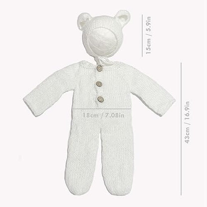 2Pcs Newborn Photography Props Boy Photo Posing Outfits Baby Photoshoots Girl Crochet Bear Hat Romper - color: White