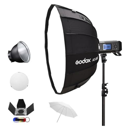 Godox AD400Pro 400Ws Studio Outdoor Strobe Flash Kit, TTL 1/8000s HSS 2.4G GN72 Monolight Light, Lithium Battery with AD-S65S 26"/65cm Godox Mount Grid Softbox, Barn door, Umbrella, Standard Reflector