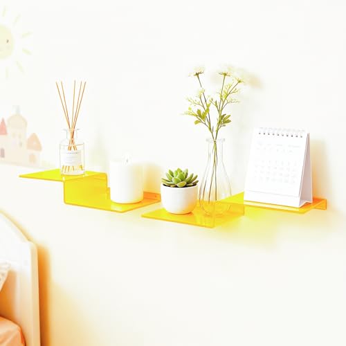 SetGame 2-Pack Acrylic Shelves Z-Shaped Display Stand Wall Mounted, 12 Inch Wall Storage Organizer for Toys, Books, Plants, Photos Album, Suit for Office, Living Room, Room Decor (Yellow) - color: Yellow
