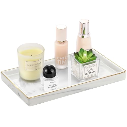 Luxspire Bathroom Vanity Tray, 11" Marble Ceramic Bathroom Trays for Counter, Bath Tray for Dresser, Kitchen Counter Tray, Perfume Tray, Bathroom Accessories, Medium, Marble White - color: Marble White + Gold, style: Medium