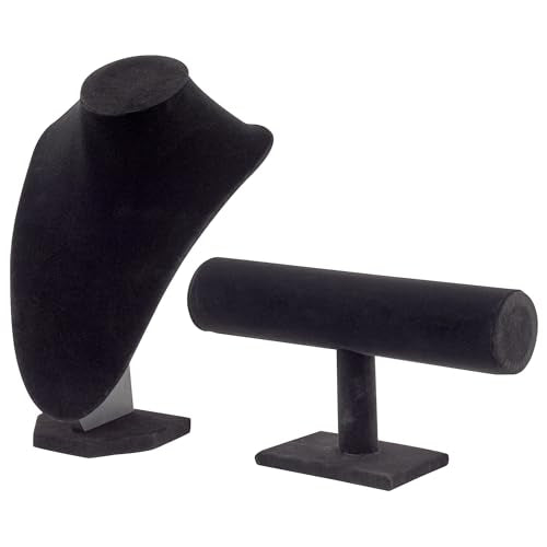 Juvale Necklace Display Stand & Bust Set - 2-Piece, Black Velvet, Modern Freestanding - Necklace Holder Stand & Bracelet Holder Display - Jewelry Showcase for Vendors & Photography
