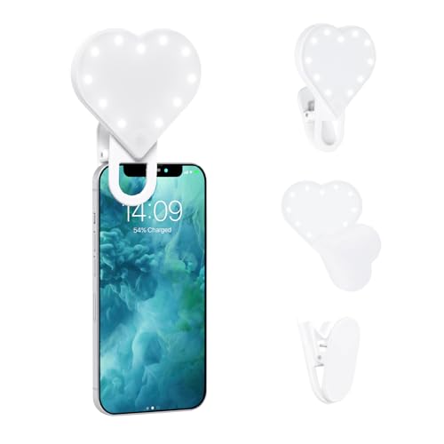 RIKI LOVES RIKI Sweetheart Clip-On LED Makeup Mirror & Selfie Light - Portable Phone Light Clip for Perfect Selfies & Makeup Tutorials | Three-Stage Dimming, Rechargeable - color: White
