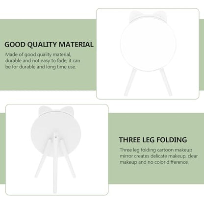 Cat Ear Makeup Mirror with Tripod Stand and Comb, White Desktop Cosmetic Mirror, Fashionable Vanity Table Decor and Photo Prop