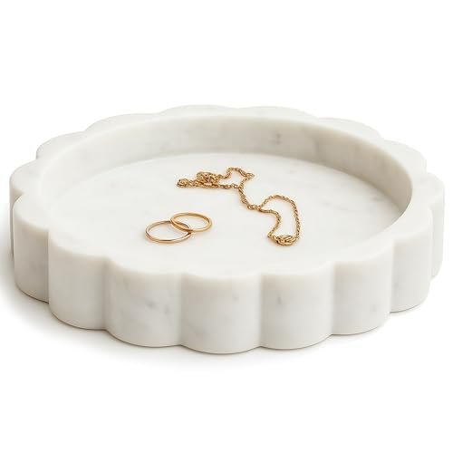 STRONA White Scalloped Marble Tray - 8" Round Stone Vanity Tray for Perfume & Jewelry, Marble Dish for Bathroom Countertop & Kitchen Counter, Decorative Tray for Bathroom & Kitchen, Modern Catchall - color: White