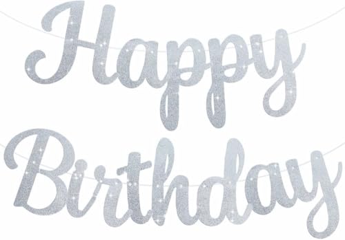 BEISHIDA Happy Birthday Banner - NO DIY,Silver 10Feet Pre-Strung-Glitter Birthday Sign Garland Backdrop Decorations for Women men Party - color: silver