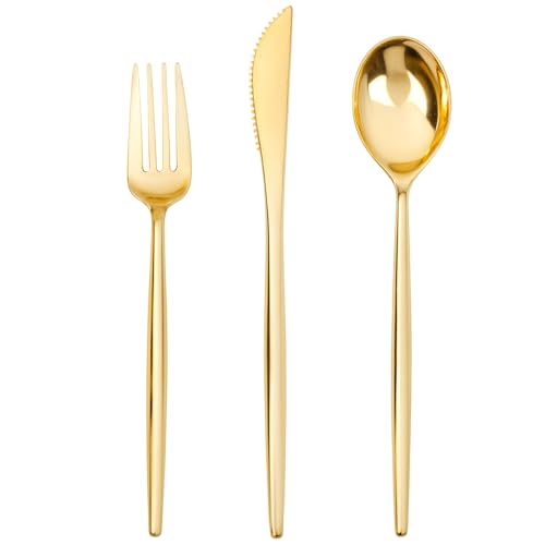 SUT 150PCS Gold Plastic Silverware, Plastic Utensils,Gold Silverware Disposable,Disposable Utensils Heavy Duty,Plastic Cutlery Set,Includes:50 Knives, Forks and Spoons for Party, Birthday,Wedding - style: Gold