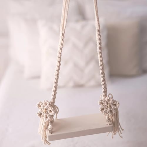 DICHA Handmade Macrame Newborn Photography Props with 2 Backdrop Clips-Baby Swing Photo Shoot Accessory–Wooden Newborn Photoshoot Props-NOT Toy-Cream Rope with White Wood 0-1 M - color: White, size: 0–1M
