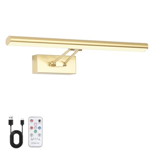 Picture Light, 16inches Wall Art Lamp Battery Operated,3 Colors Wireless Painting Light with Remote,Rechargeable Lighting for Frame,Photos,Gallery,Artwork,Portrait （Gold - color: Gold-painting