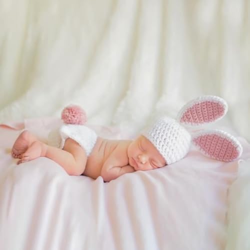 ForBaysy Newborn Photography Props Boy Girl Crochet Bunny Costume Set Baby Photo Shoot Outfits with Rabbit Ear Hat - color: White Bunny Outfits