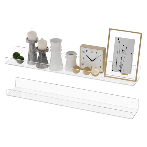 24'' Clear Acrylic Wall Long Shelf 2 Pack, Acrylic Floating Book Shelves, Wall Mounting Invisible Ledge Book Shelf - color: Clear, size: 24 Inch