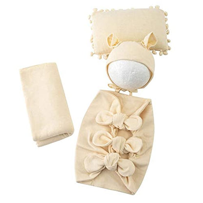 Newborn Baby Boy Girl Photography Props Bow Wrap, Posing Aid, Hat and Blanket Set of 4 Pcs - color: Creamy White