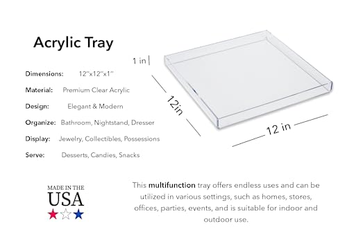 Clear Acrylic Organizer Tray, 12 x 12 Low-Profile Display & Vanity Tray – BPA-Free, Bathroom, Desk, Decor & Serving (Dry Use Only) - Made in USA - size: 12" x 12" x 1"